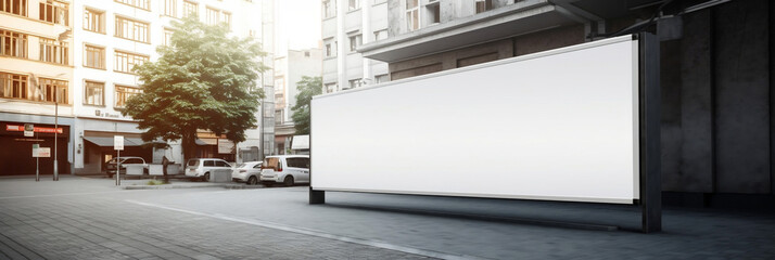Horizontal white blank billboard mockup concept street background day, banner, generative AI
