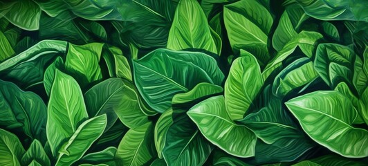 Closeup of abstract tropical organic green leaves pattern lush foliage painting illustration, Generative AI