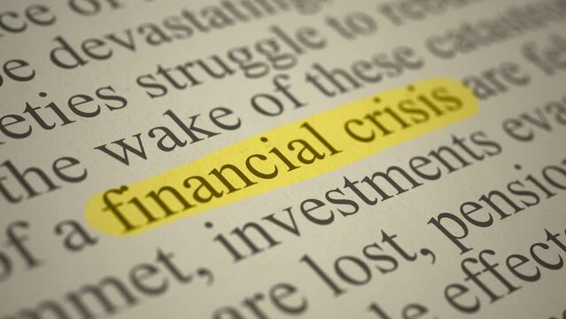 Fictional newspaper article about economic and financial crisis, highlighter on the words financial crisis, close-up view with camera scroll (3d render)