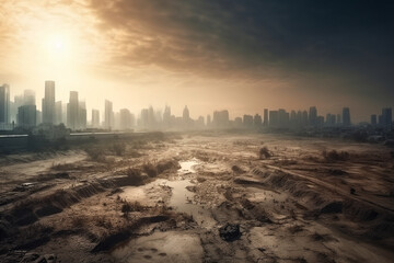 Generative AI illustration of post disaster landscape of city with buildings and skyscrapers under black cloudy sky with environmental pollution