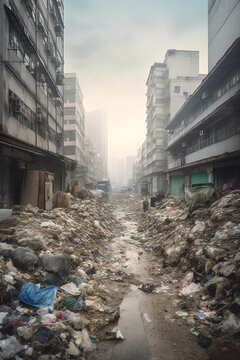 Generative AI illustration row of buildings of street with littered pollutants waste material debris trash causing environmental pollution