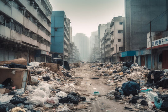 Generative AI illustration row of buildings of street with littered pollutants waste material debris trash causing environmental pollution