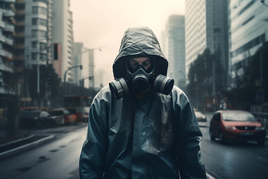 Generative AI illustration of unrecognizable male wearing protective suit and gas mask respirator looking down while standing on street with buildings