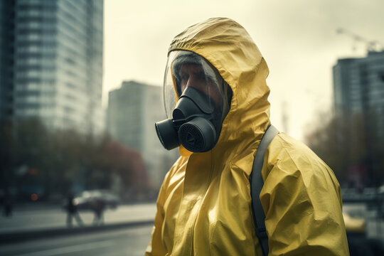 Generative AI Illustration side view of an anonymous person wearing a yellow protective suit and gas mask and looking away while standing on street