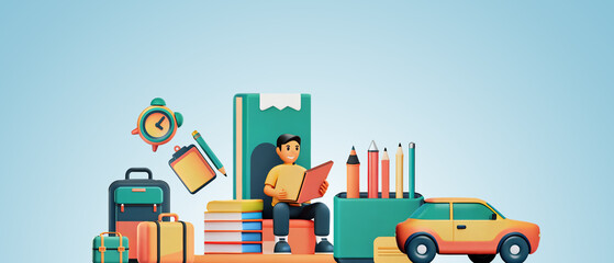 Semester Opening Concept. Students who are preparing to travel to university in blue background, alarm clock, reading, pens, cars and travel -3d rendering