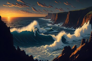 Dramatic Coastal Cliff: Captivating Poster with Crashing Waves, Soaring Seagulls, and Vibrant Sunset