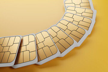 Unbranded white nano 5G smartphone SIM cards arranged in a fan shape on yellow background. Illustration of the concept of untraceable anonymous SIM cards , prepaid SIM cards and telecommunication - obrazy, fototapety, plakaty