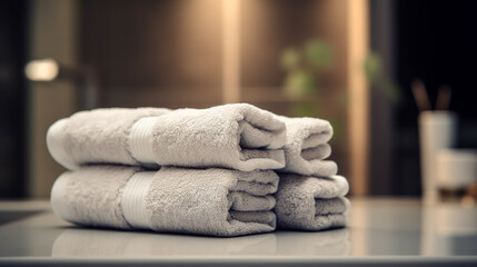 Toalhas na mesa com espaço de cópia turva o fundo do banheiro. Para montagem de exibição de produtos