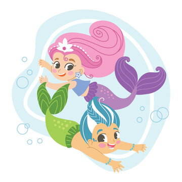 Cute cartoon swimming mermaids friends vector illustration