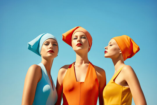 Three women in colorful dresses and headscarves. Generative AI