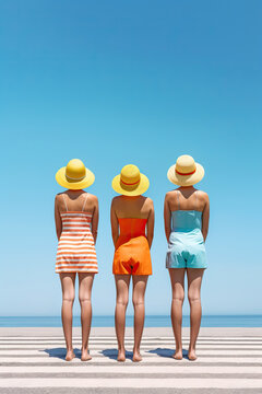 Three Anonymous Women Wearing Hats Standing By The Sea. Generative AI