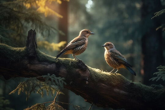 casal de pass&aacute;ros na floresta 