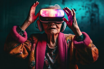 Generative AI illustration of attentive senior Chinese woman in an authentic dressing gown with colored virtual reality glasses with her arms raised