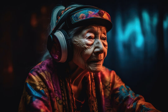 Generative AI illustration creative artwork of attentive senior Asian female in headphones and VR glasses and authentic shirt on forehead looking away