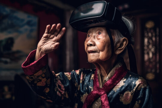 Generative AI illustration of attentive senior Chinese woman in authentic robe looking away with interest while exploring virtual reality in goggles