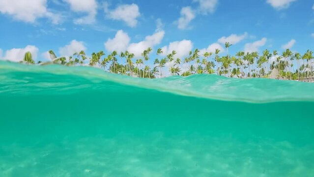 Half underwater slow motion turquoise sea water at the tropical hotels beach in Dominican Republic. Idyllic view of ocean and the white sand coast with palm trees