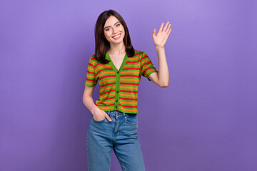 Portrait of adorable cheerful nice lady waving arm showing hi symbol nice meet you isolated on purple color background © deagreez