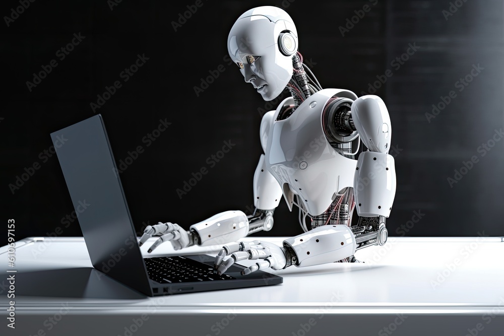 Poster 3d rendering humanoid robot working with laptop on desk in dark room, an ai robot creating designs w