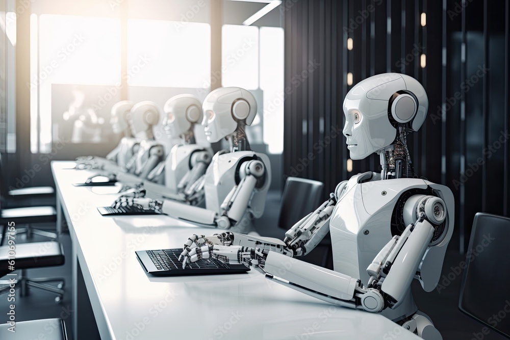 Poster 3d rendering robot working in modern office with computer. concept of artificial intelligence. abstr
