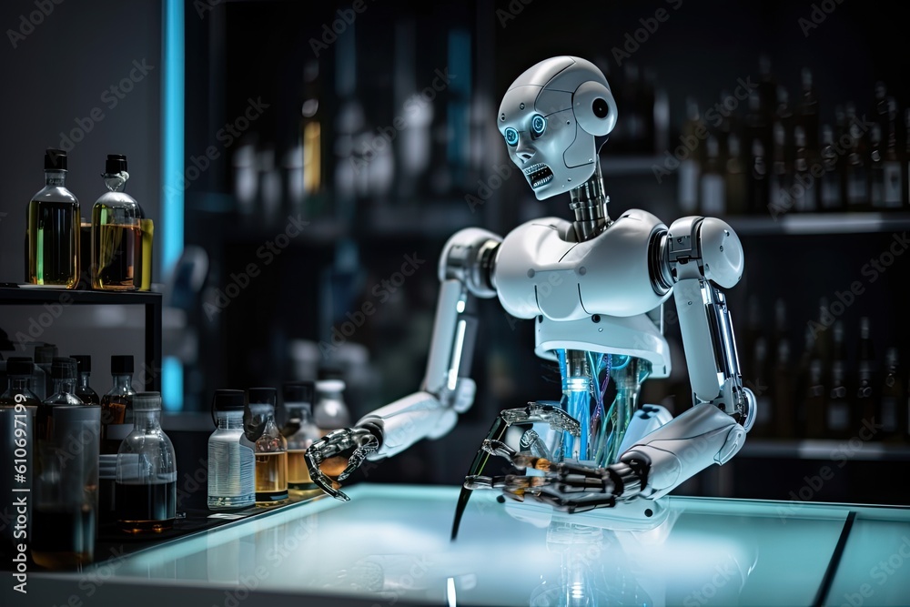 Poster robot humanoid and glass bottles on the table. 3d rendering, an ai robot in a laboratory doing chemi
