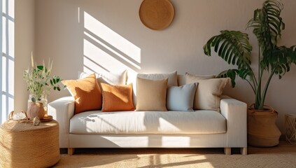lovely tan couch in a sunny home Generative AI