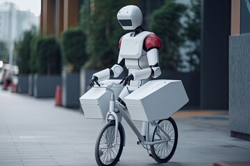 Fototapeta premium Robot riding a bicycle with a box in his hands. 3d rendering. An AI robot delivery man with a bicycle delivering food, AI Generated