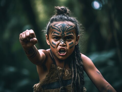 A young maori girl with a tribal face paint. Generative AI image.
