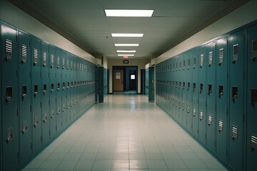 Interior of a school locker room with lockers and doors. An empty high school corridor interior view with lockers , AI Generated