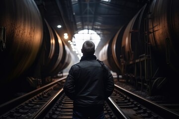 Obraz na płótnie Canvas Railway station. A man in a black jacket stands in the tunnel. An engineer rear view working in front of steel pipes , AI Generated