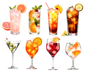 Alcohol Cocktail Mocktail. Many assorted different range types isolated on transparent background cutout. PNG file.