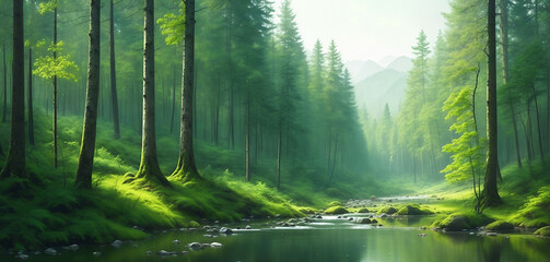 Landscape view of forest and creek, created with generative AI technology
