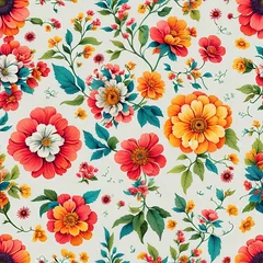 Fotobehang Seamless pattern background of colorful illustration flowers, created with generative AI technology © BabyQ