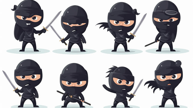Conjunto vetorial de ninjas fofos em v&aacute;rias poses isoladas em fundo branco