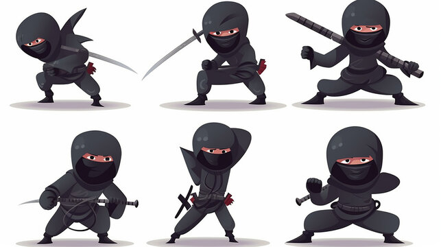 Conjunto vetorial de ninjas fofos em várias poses isoladas em fundo branco