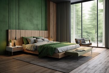 Sustainable cozy modern japandi interior primary bedroom with olive forest green monochrome accent walls with nature views made with Generative Ai