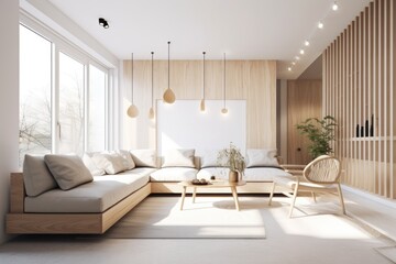 Naklejka na ściany i meble Stylish Sustainable Sunny Living ROom with Wood Accents and Organic Accent Chair in Spring Made with Generative AI