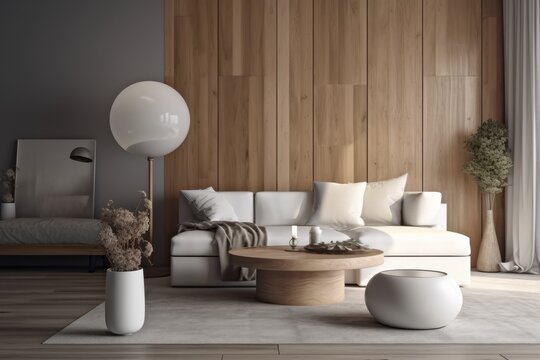 Luxurious Interior of Family Room Mockup with Styled Coffee Table and Light White Sofa with Throw Pillows Made with Generative AI