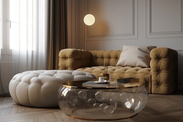 Luxurious living room Interior with soft tufted ottoman with styled couch and wall art made with Generative Ai