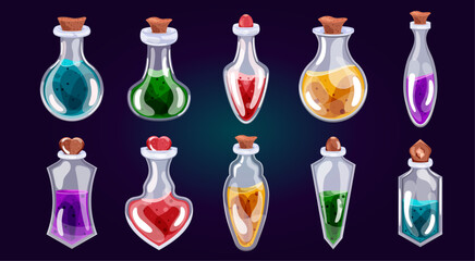Set of bottles with  potion in cartoon style. isolated. Vector stock illustration. Items for games. White background. Fairy tales. Halloween and holiday. beauty and fashion