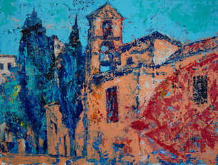Abstract art painting of the Carmelitas church in Salamanca, Spain - 610699396