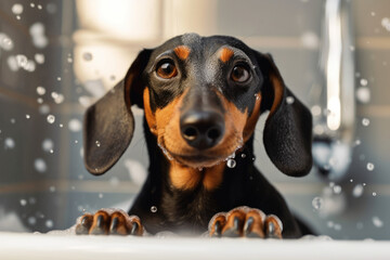 Dachshund dog in bathtub full of soap foam. AI generative - obrazy, fototapety, plakaty