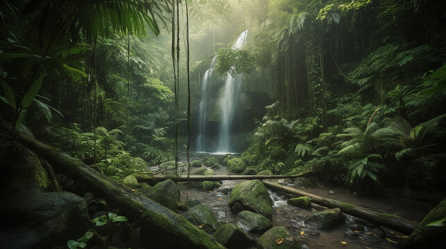 cachoeira em meio a natureza de floresta tropical 