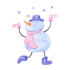 Funny dancing snowman. In a hat and scarf with a pattern. With pink mittens