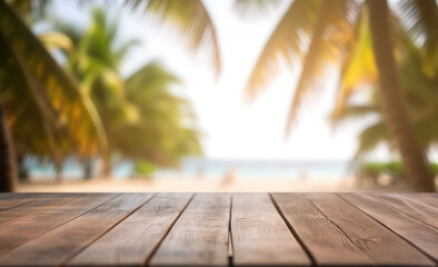 Empty wooden table on blurred tropical beach background