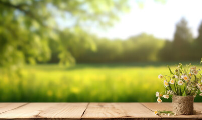 Wooden Table on Blurred Spring Meadow