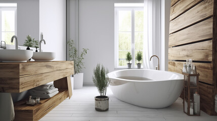 Naklejka na ściany i meble interior de banheiro de luxo branco com banheira de hidromassagem 