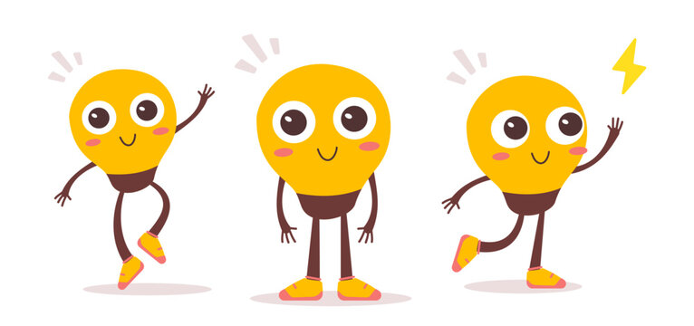 Vector illustration of happy light bulb character in different p