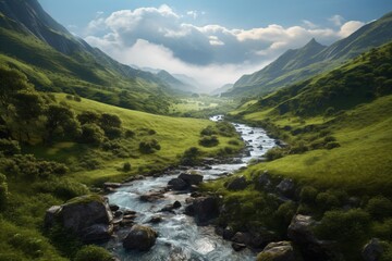 a mountain stream in a lush green valley, fictional landscape created with generative ai