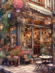 Obraz na płótnie Canvas Watercolor illustration of a typical facade of a European street cafe. Decorated with colorful flowers. Customer chairs and tables with vintage designs in the outside space of the store.