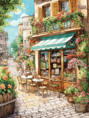 Fototapeta na wymiar Watercolor illustration of a typical facade of a European street cafe. Decorated with colorful flowers. Customer chairs and tables with vintage designs in the outside space of the store.